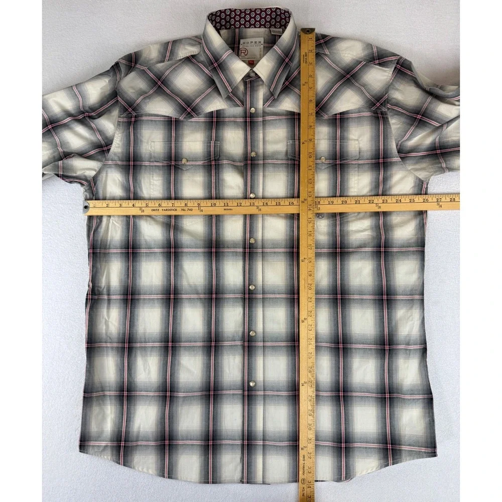 Roper Western Pearl Snap Shirt Mens XL Cream Black Red Plaid Long Sleeve Cotton